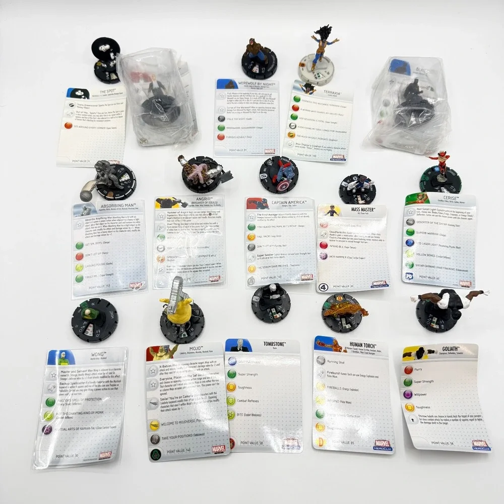 Heroclix Marvel Uncommon, Super‎ Rare, Unique Mixed Lot of 15 with Cards Lot G